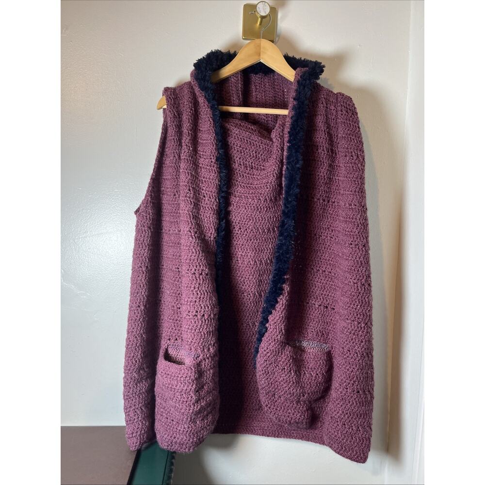 Handmade‎ Soft Wool Faux Fur Trim Sleeveless Hooded Cardigan With Pockets Sz L